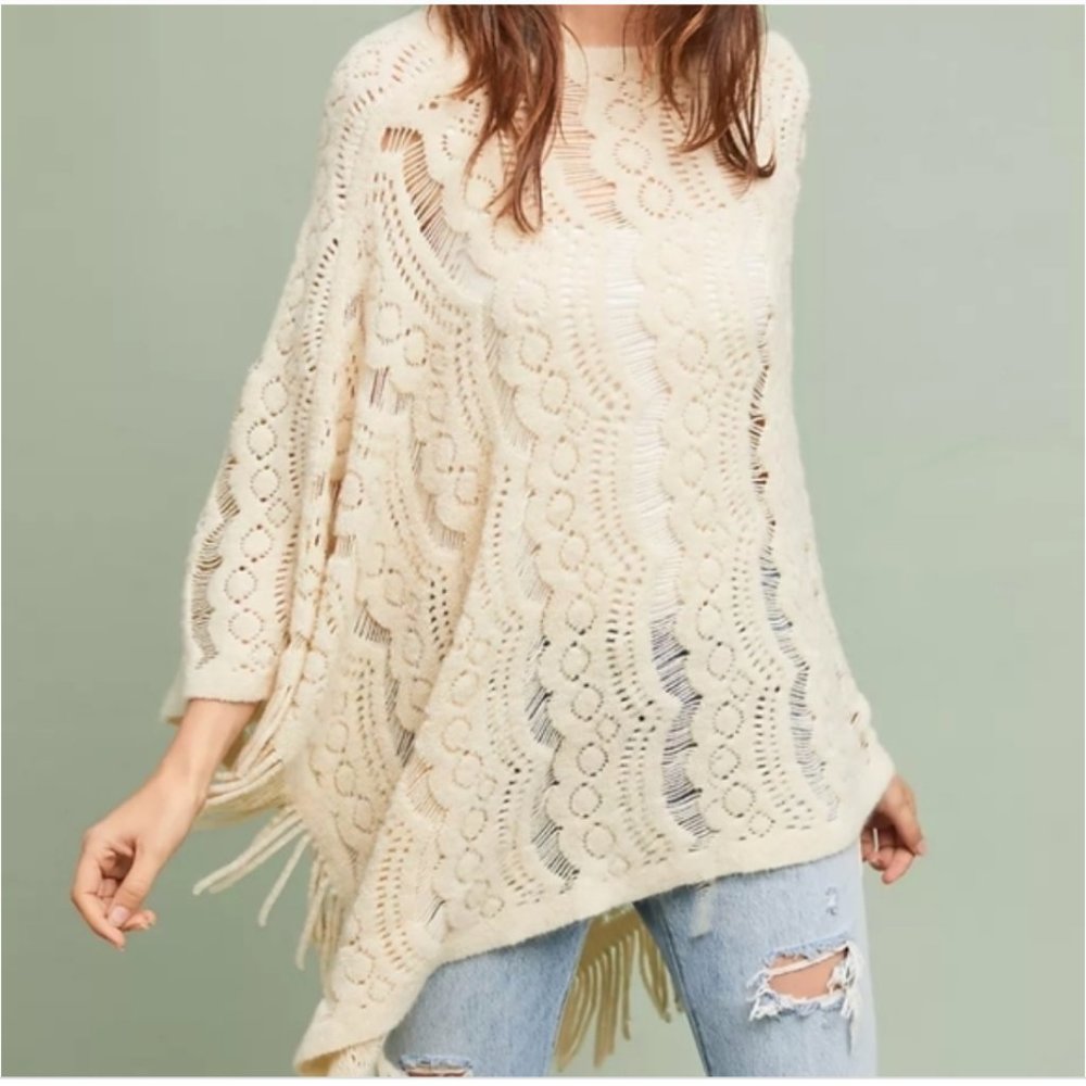 Anthropologie Sleeping on Snow Fringe White Poncho - Picture 4 of 4